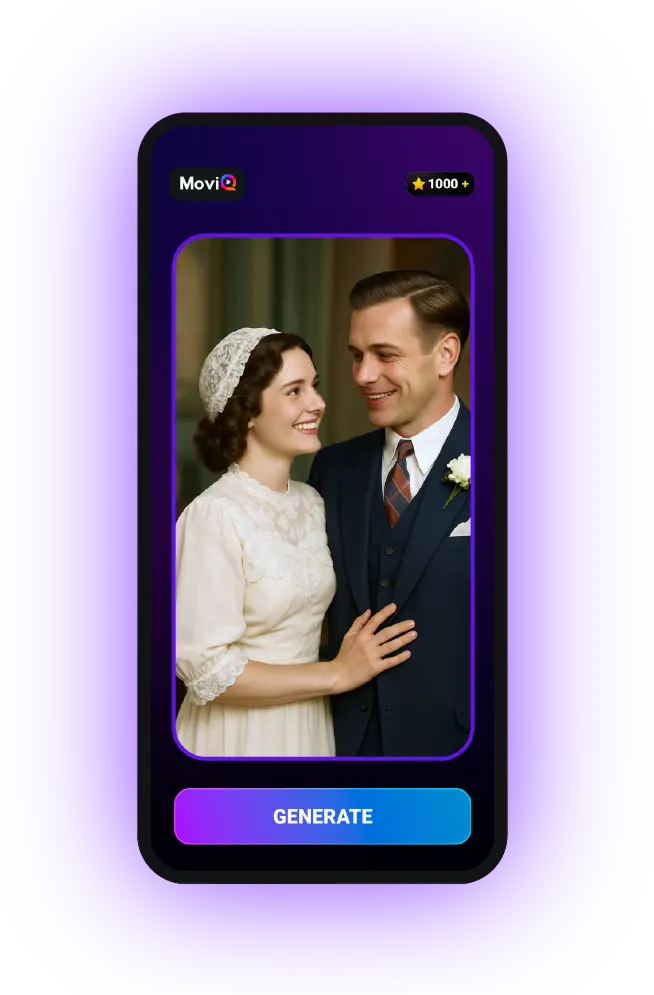MOVIQ app screen animating a restored wedding photo