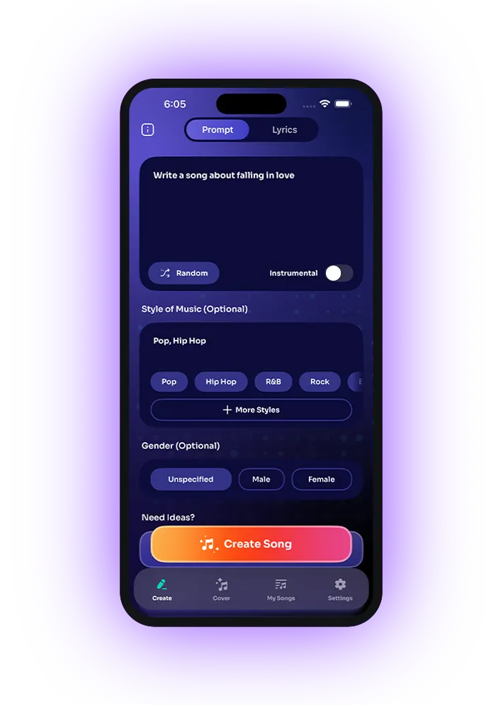 MusiQ AI app screen generating a custom track